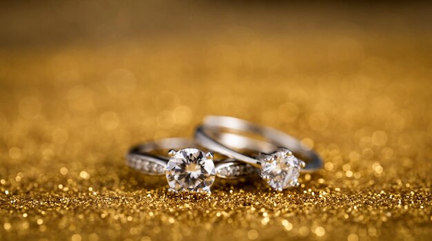 Primer plano de dos anillos de diamantes en una superficie dorada