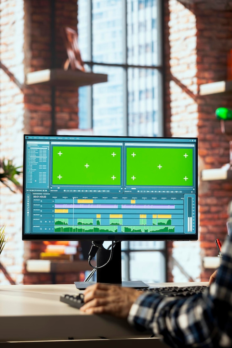 Foto gratuito primer plano de un editor de vídeo puliendo vídeos sin editar en un pc con croma