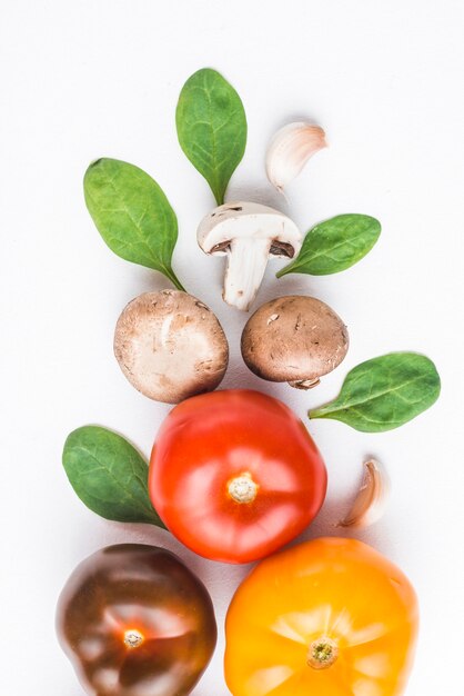 Primer plano de espinacas y ajo cerca de tomates y champiñones