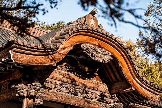 Primer plano de la estructura de madera tradicional japonesa