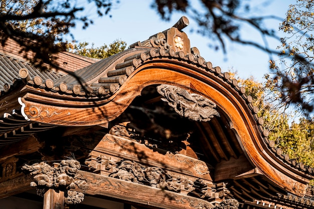 Primer plano de la estructura de madera tradicional japonesa