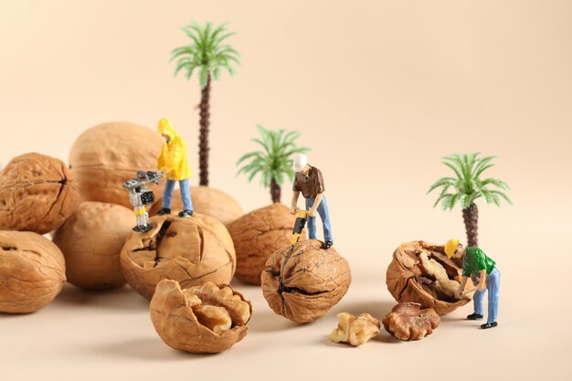 Primer plano de figuras de mano de obra en miniatura sobre nueces