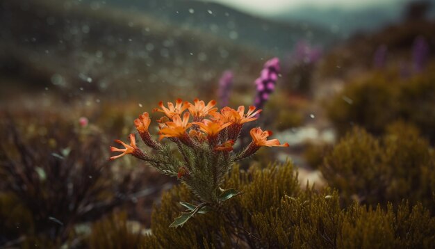 Foto gratuita un primer plano de una flor en un campo con una montaña al fondo