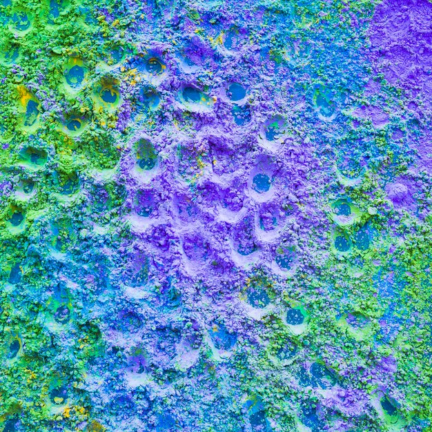 Primer plano de fondo de polvo de color holi púrpura y verde