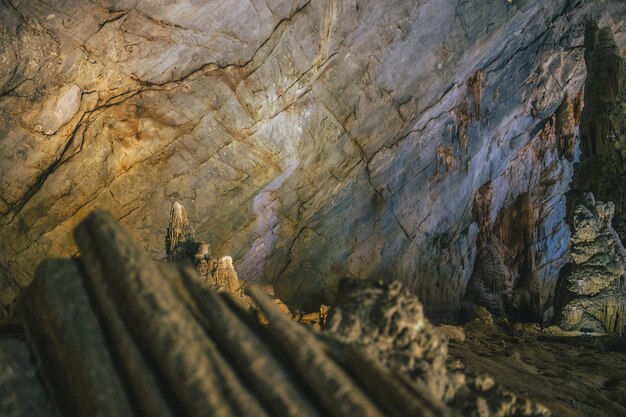 Primer plano de formaciones en la pared de la cueva del paraíso en Vietnam