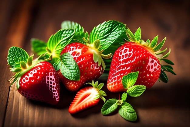 Un primer plano de fresas en una mesa de madera