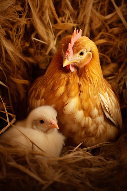 Un primer plano de la gallina con el pollo