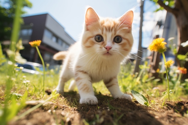 Primer plano de un gatito rodeado de flores