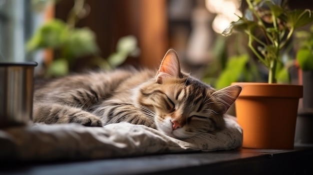 Primer plano de un gatito rodeado de plantas