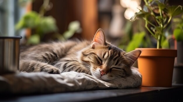 Primer plano de un gatito rodeado de plantas