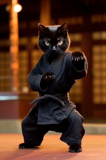 Un primer plano de un gato haciendo artes marciales.