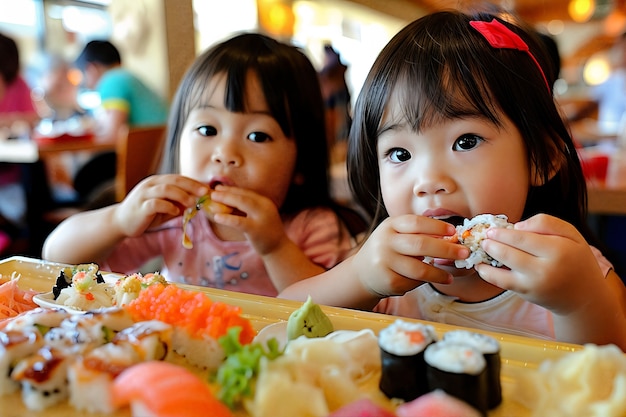 Foto gratuita un primer plano de la gente comiendo sushi.