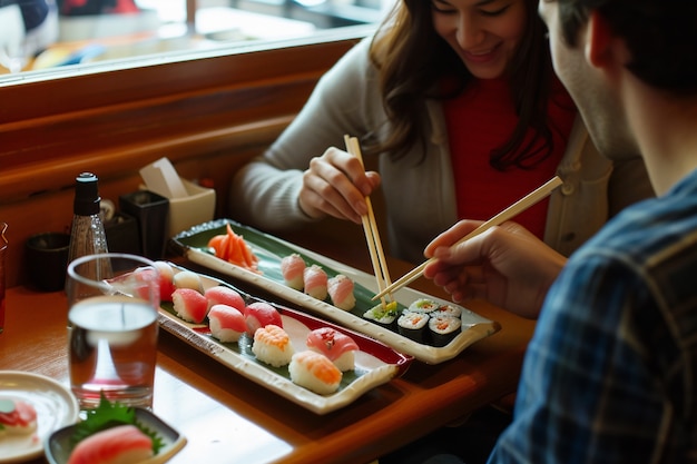 Foto gratuita un primer plano de la gente comiendo sushi.