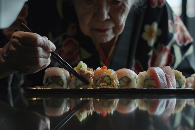 Foto gratuita un primer plano de la gente comiendo sushi.