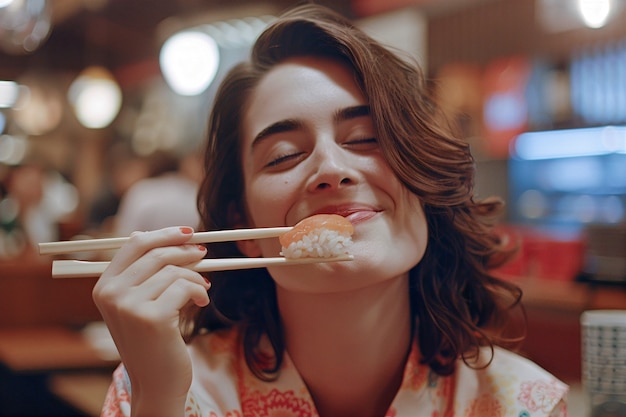 Foto gratuita un primer plano de la gente comiendo sushi.