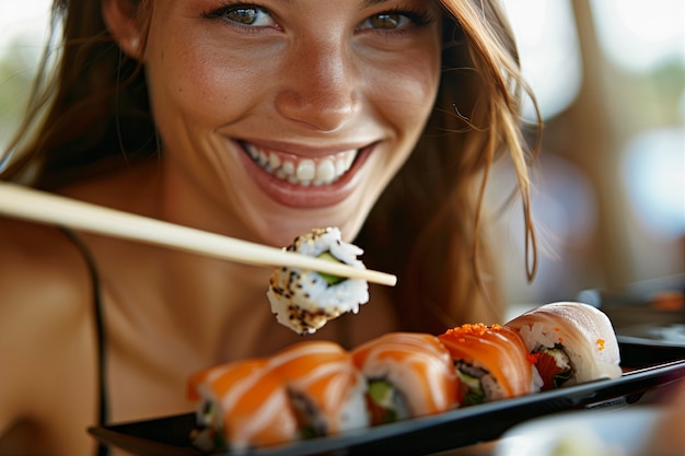 Foto gratuita un primer plano de la gente comiendo sushi.