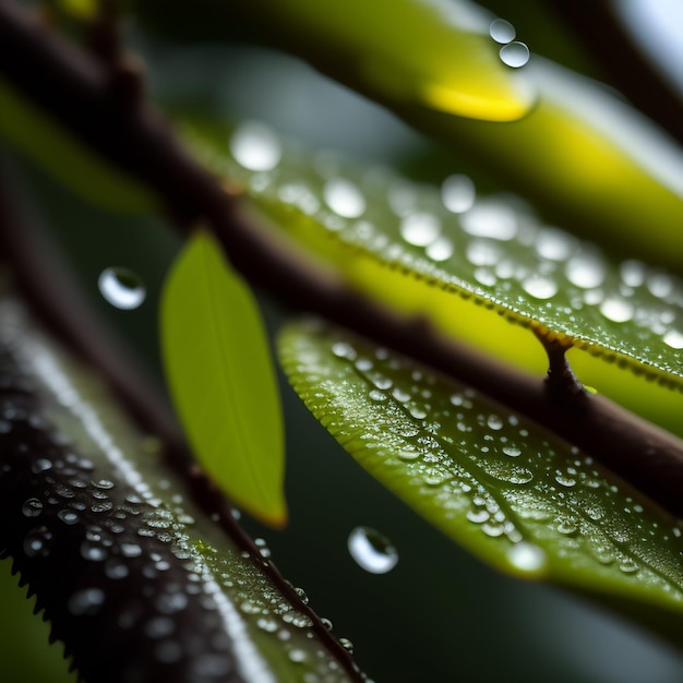 Un primer plano de gotas de agua en una planta con el sol brillando sobre ella.