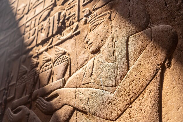 Primer plano de los grabados en las paredes del Templo de Luxor, Egipto