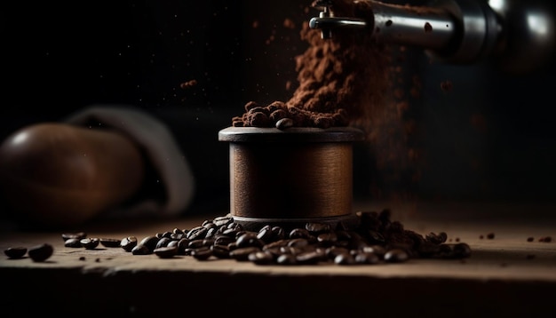 Primer plano de granos de café recién molidos en arpillera generados por IA