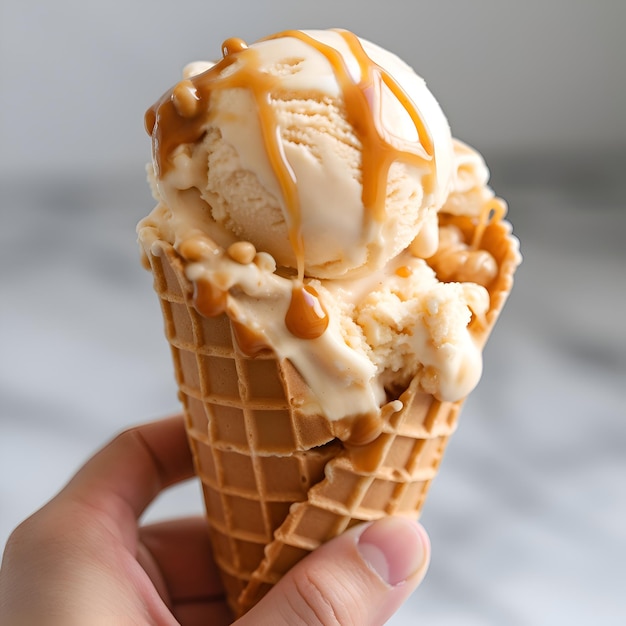 Foto gratuita primer plano de helado en cono de gofres con salsa de caramelo