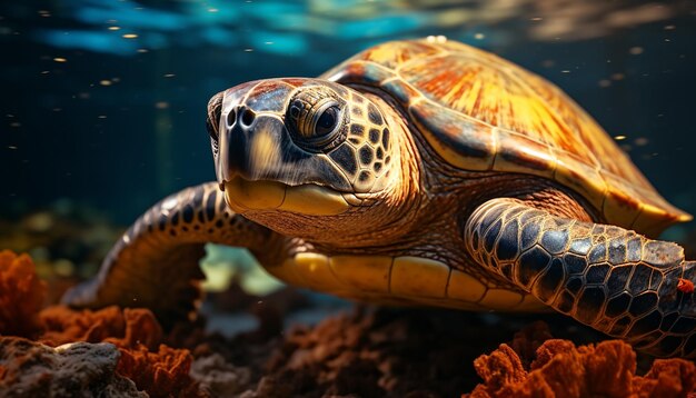 Foto gratuita un primer plano de una hermosa tortuga marina nadando bajo el agua generada por inteligencia artificial