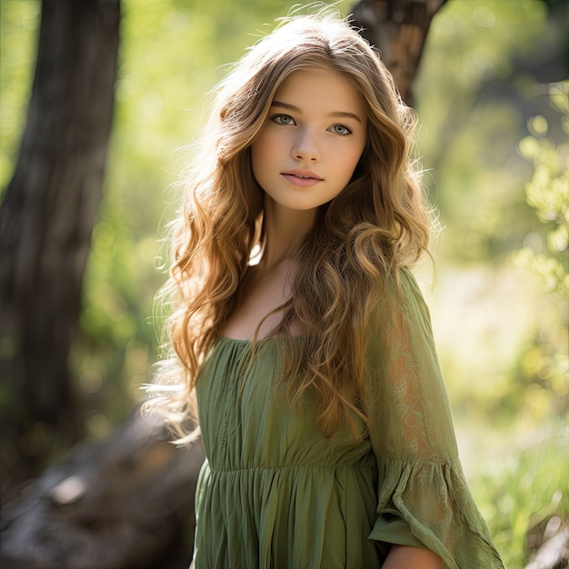 Foto gratuita primer plano de un hermoso retrato de niña en el bosque