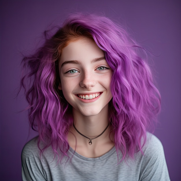 Primer plano de un hermoso retrato de niña con cabello morado