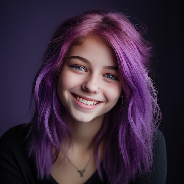 Foto gratuita primer plano de un hermoso retrato de niña con cabello morado