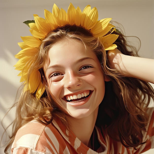 Foto gratuita primer plano de un hermoso retrato de niña con diadema de girasol