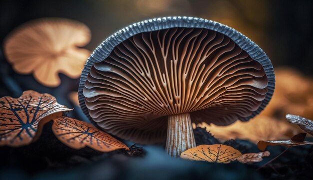 Primer plano de la hoja de otoño con IA generativa de crecimiento de hongos