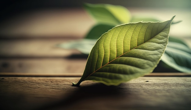 Foto gratuita primer plano de una hoja verde en un tablón generado por ia