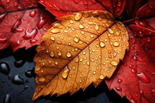 Foto gratuita primer plano de hojas secas de otoño con gotas de rocío