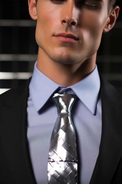 Un primer plano de un hombre con corbata metálica