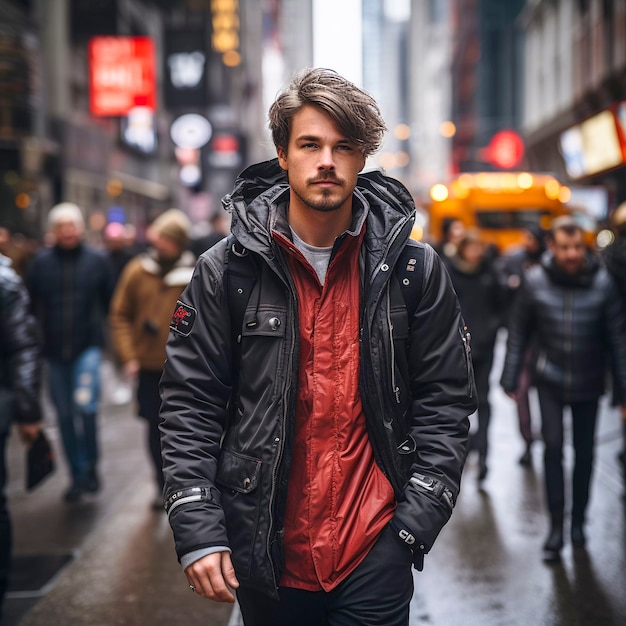 Primer plano del hombre de Nueva York con chaqueta de moda