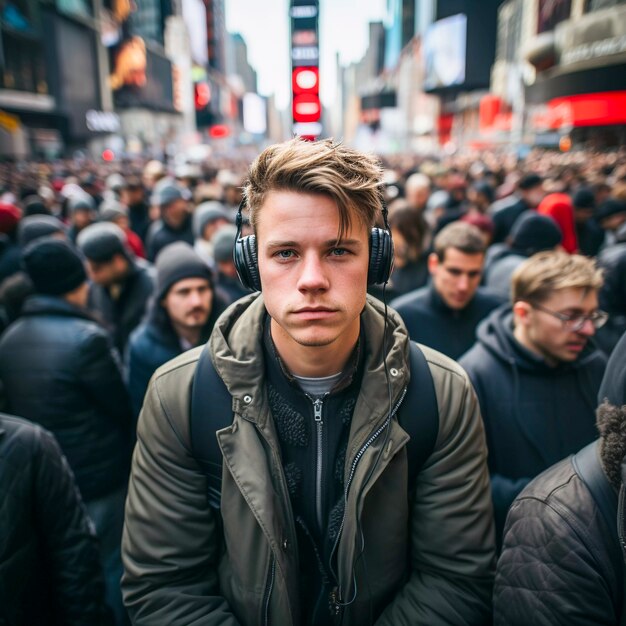 Primer plano de un hombre de Nueva York escuchando música