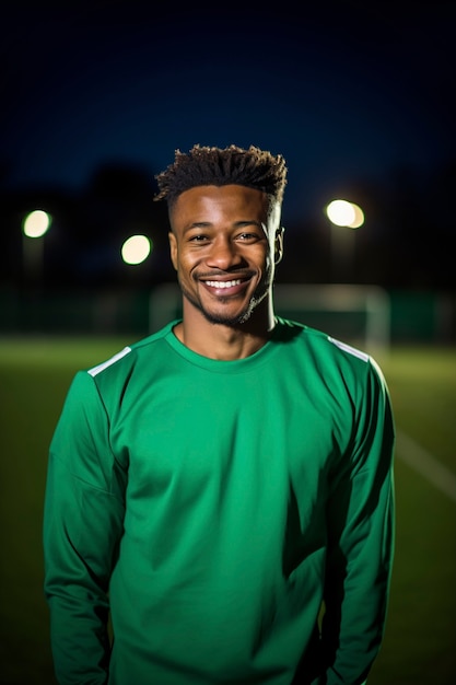 Primer plano del hombre sonriendo en el campo de fútbol