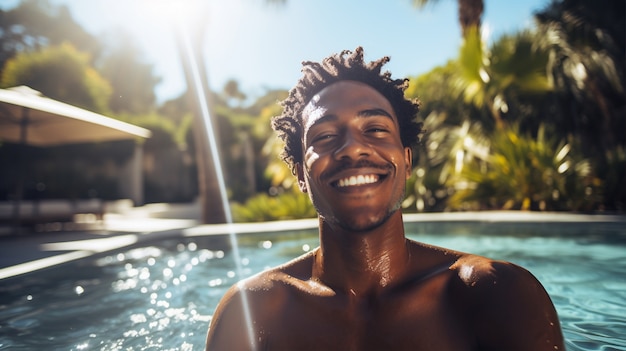 Primer plano del hombre sonriendo en la piscina