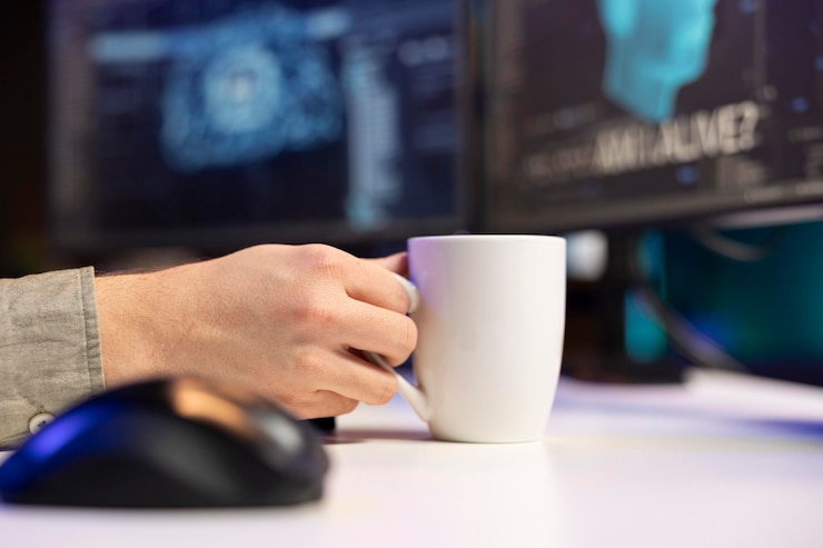 Foto gratuito un primer plano de un hombre con una taza de café hablando con inteligencia artificial