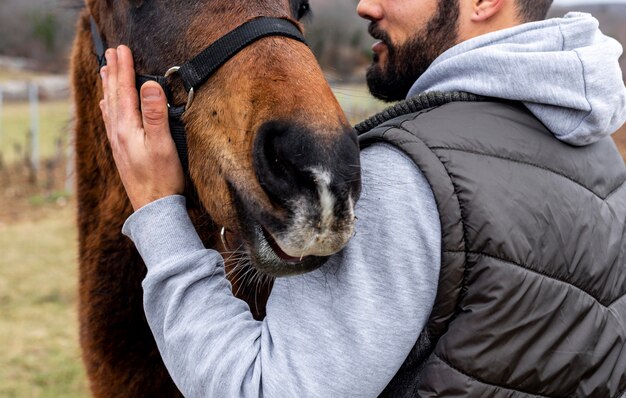 Primer plano, hombre, tenencia, caballo