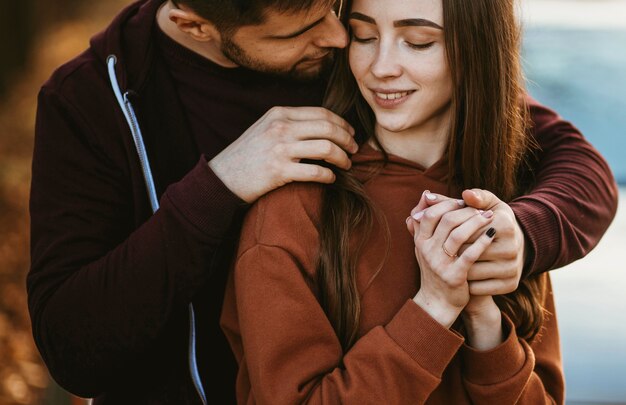 Primer plano, hombre, tenencia, mujer