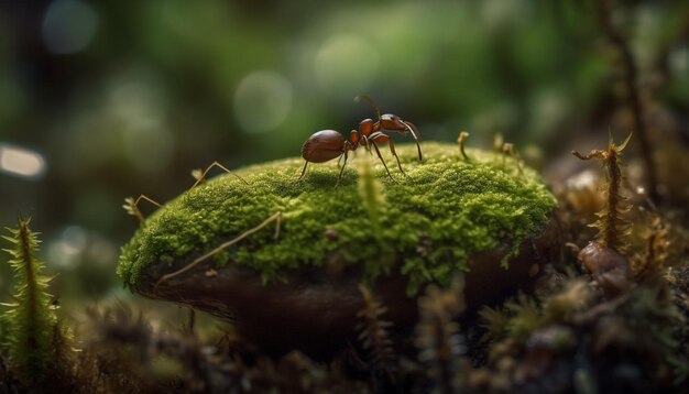 Primer plano de una hormiga verde que lleva comida a través del agua generada por IA