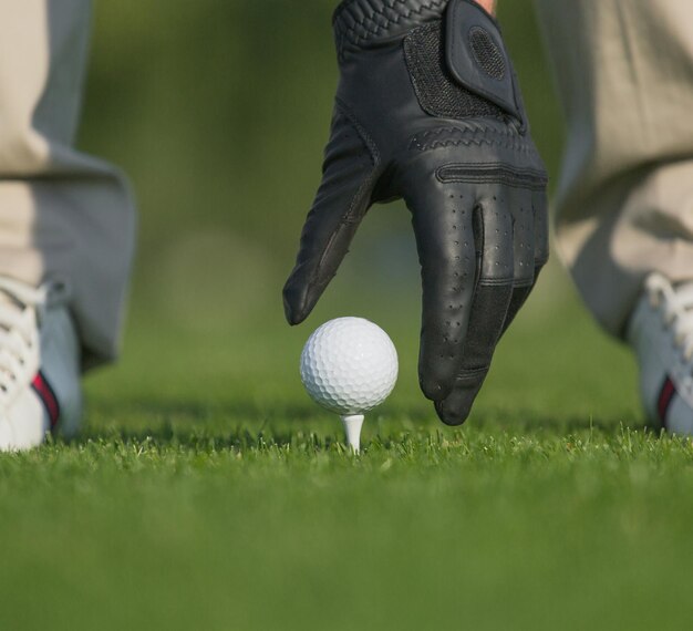Primer plano de la imagen de la mano que sostiene la pelota de golf con el tee en el curso Mans mano en guante de cuero que va a tocar la pelota aislada sobre fondo verde
