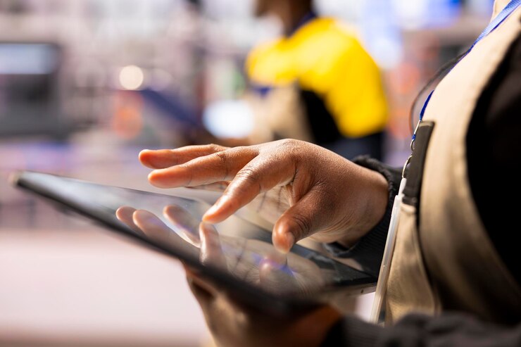 Foto gratuito primer plano de un ingeniero usando una tableta