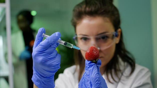 Primer plano de un investigador bioquímico inyectando una fresa sana con líquido de adn utilizando una jeringa médica que comprueba la prueba genética. Biólogo científico examinando frutas en laboratorio agrícola de microbiología