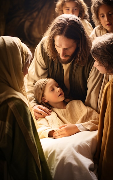 Primer plano de Jesús cuidando a las personas.