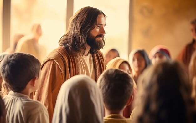 Primer plano de Jesús cuidando a las personas.