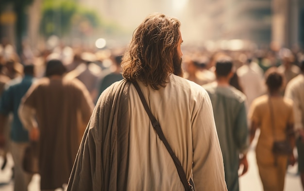 Primer plano de Jesús mirando el mundo