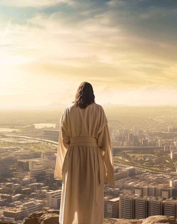 Foto gratuito un primer plano de jesús mirando el mundo