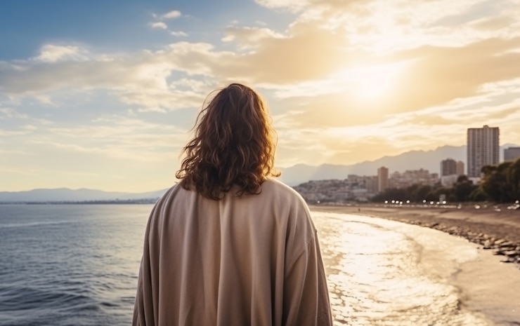Foto gratuito un primer plano de jesús mirando el mundo