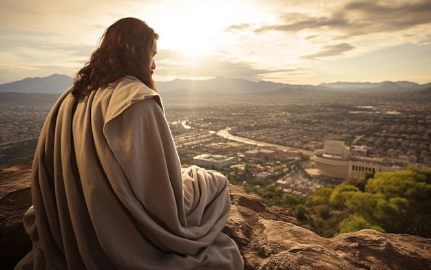 Primer plano de Jesús mirando el mundo